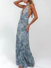 Floral Halter Neck Deep V-Neck Ruched Maxi Dress 20