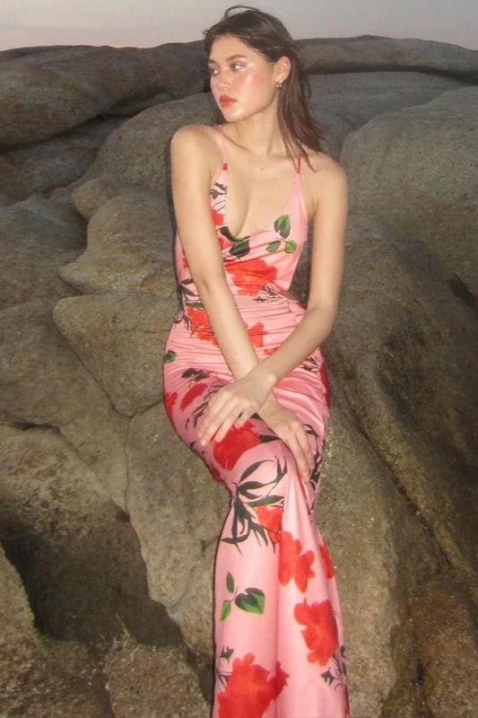 Floral Print Backless Sleeveless Graceful Maxi Dress
