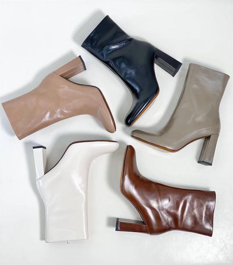 Classic Elegant Ankle Boots with 100% Sheepskin Lining High Heel Side Zipper Boots