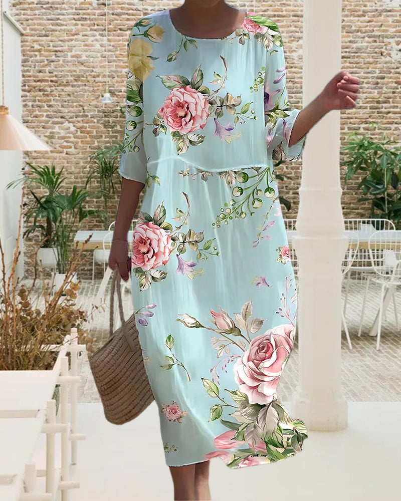 Large Floral Print Round Neck Half Sleeve Shift Midi Dress