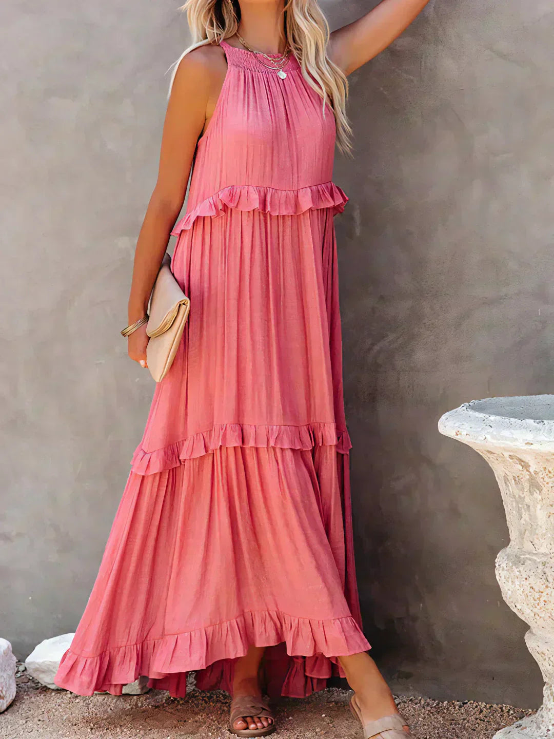 Delilah - Elegant Halter Neck Ruffle Trim Dress Pink