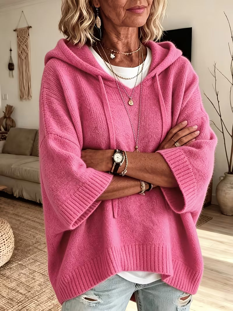 Hooded Drawstring Oversized Knit Poncho Sweater