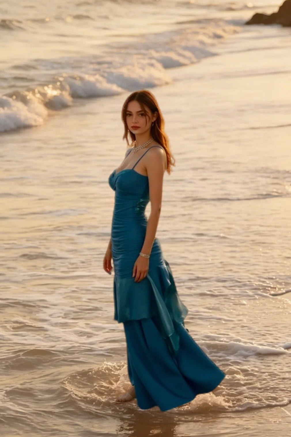 Satin Spaghetti Strap Ruched Tiered Ruffle Mermaid Maxi Dress