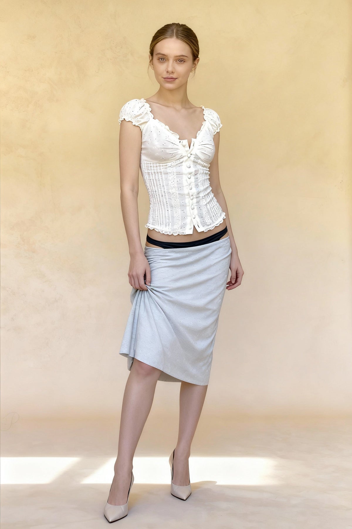 Ruffle Trim V-Neck Cap Sleeve Button Front Pintuck Blouse 3