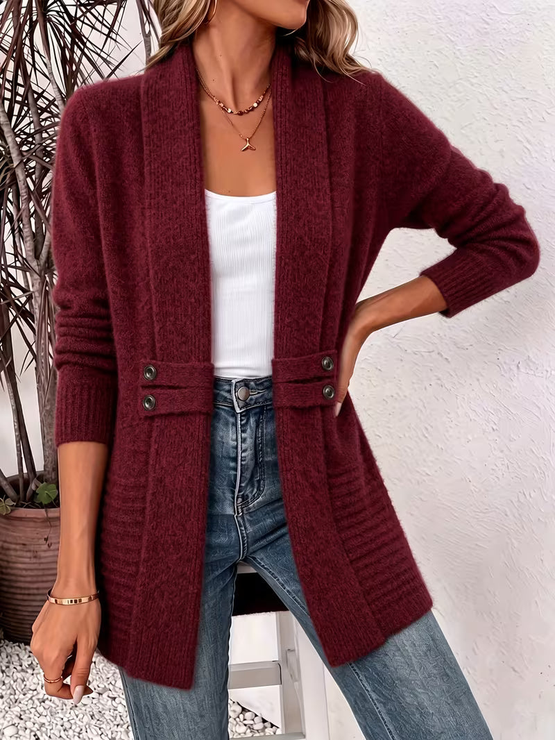 Shawl Collar Open Front Button Tab Ribbed Cardigan
