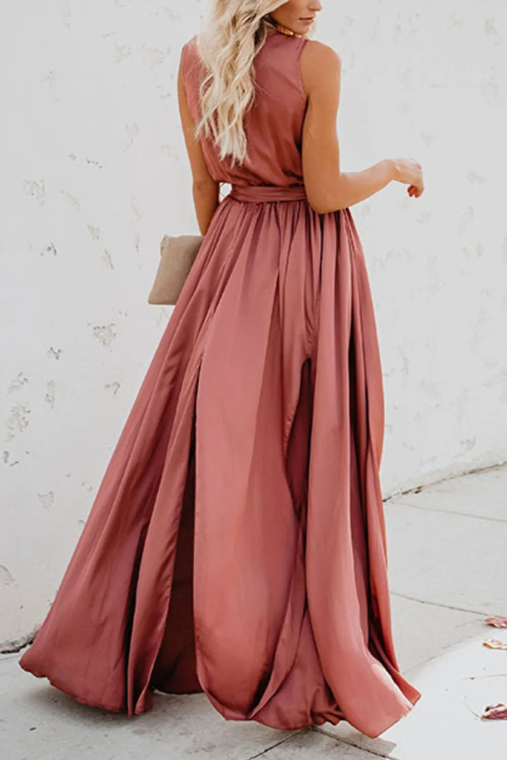 Satin Surplice V-Neck Sleeveless Tie Waist High Split Maxi Dress 10