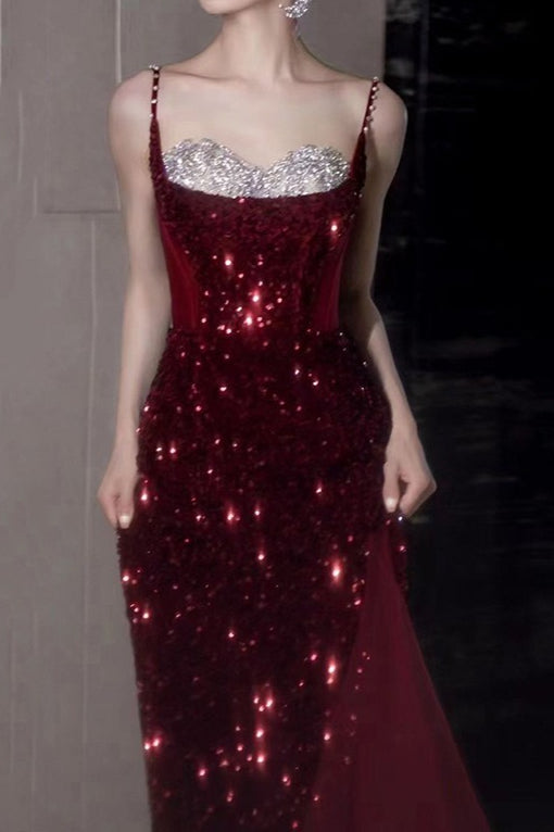 Spaghetti Strap Sequin Beaded High Split Mermaid Prom Gown