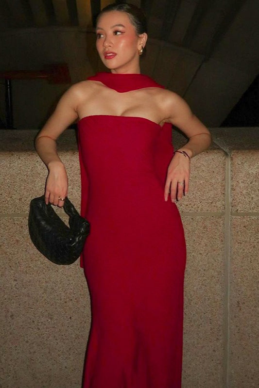 Strapless Scarf Neck Draped Back Bodycon Maxi Dress