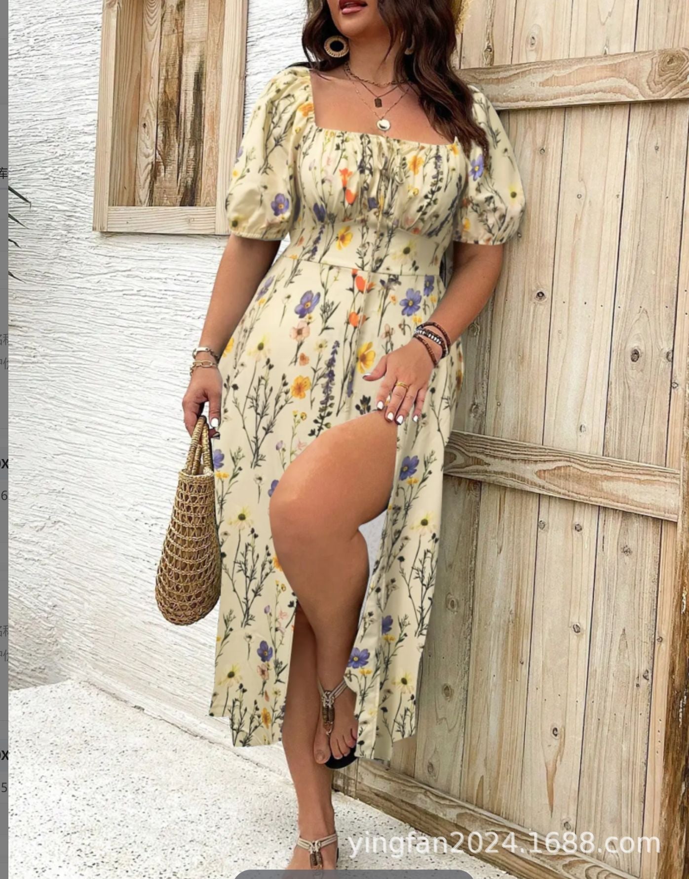 Floral Square Neck Puff Sleeve High Split Midi Dress 15