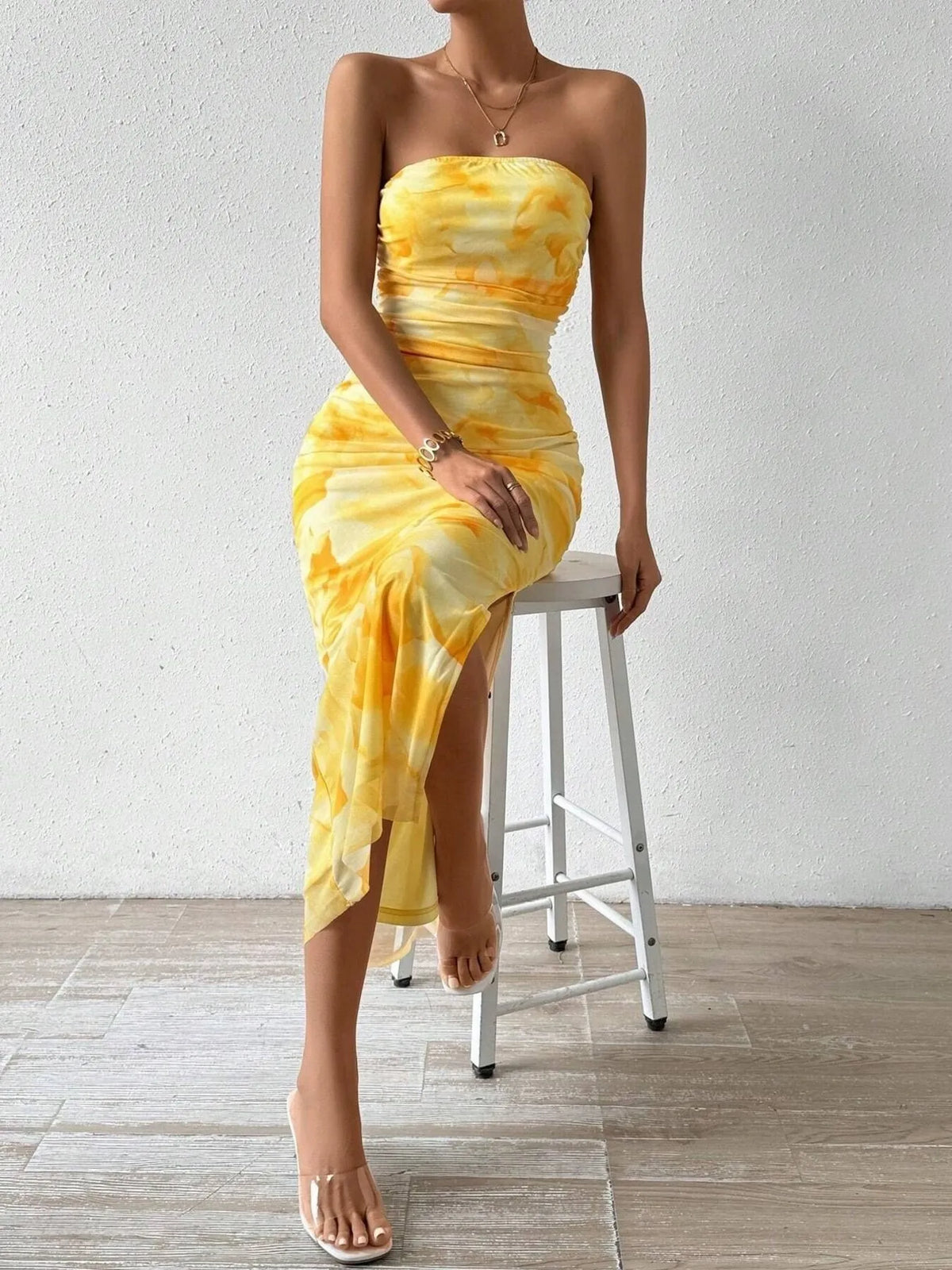 Abstract Print Strapless Ruched Bodycon Maxi Tube Dress 12