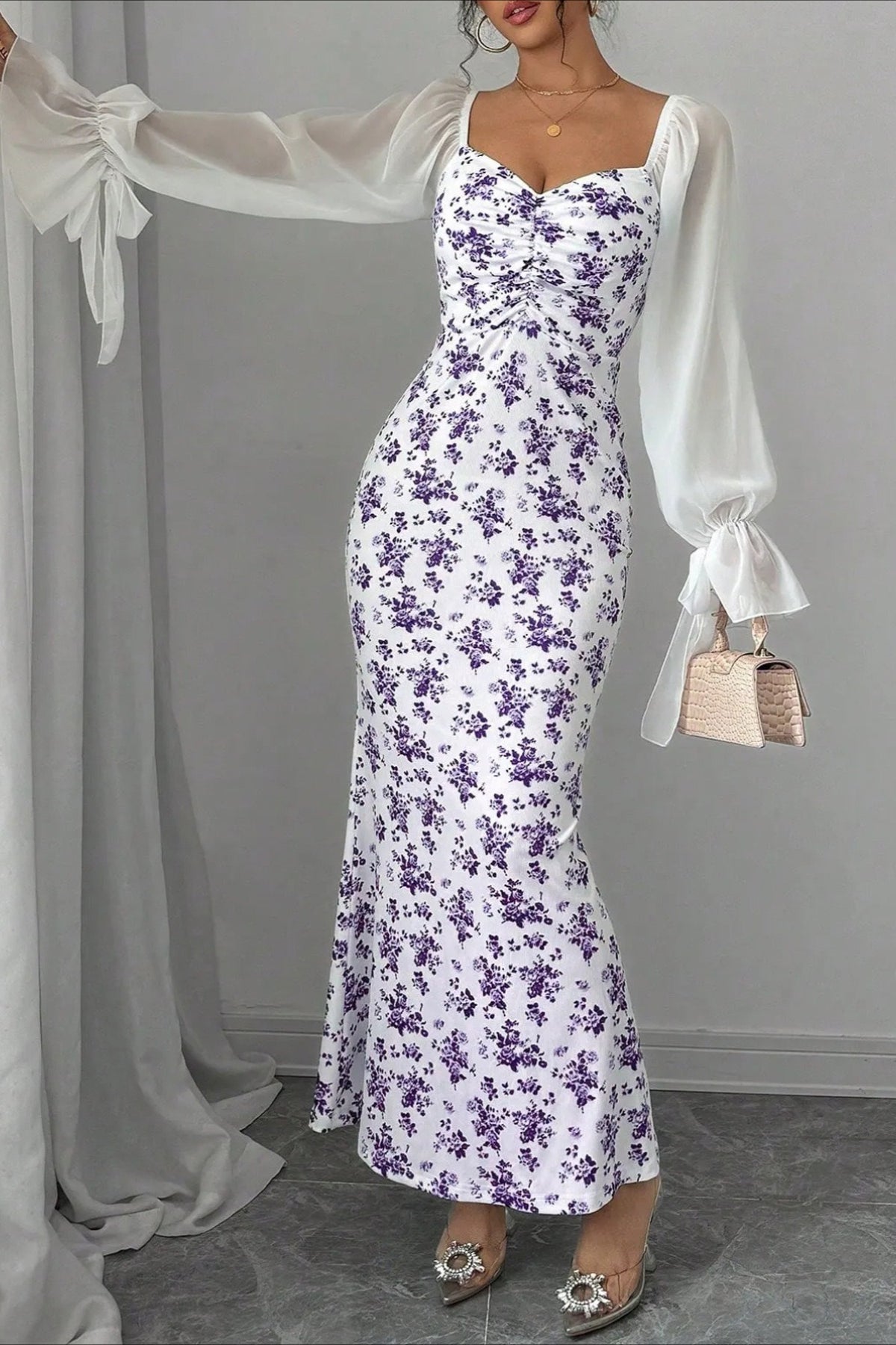 Floral Sweetheart Long Sleeve Ruched Mermaid Maxi Dress