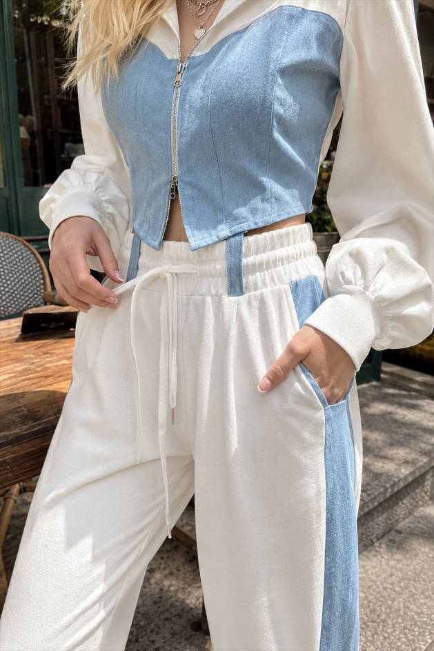 Color Block Casual Hoodie Denim Two Piece Pants Set