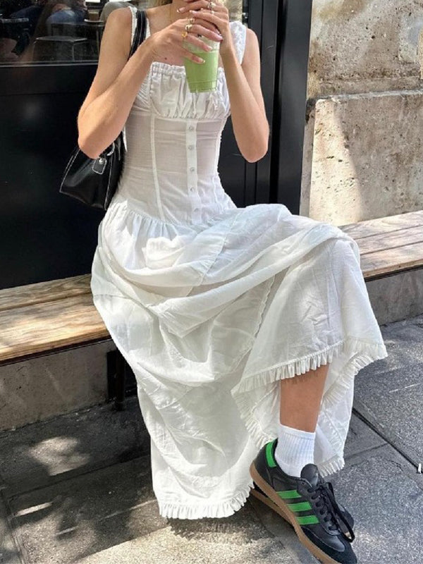 Square Neck Sleeveless Button Front Ruffle Hem Drop Waist Maxi Dress