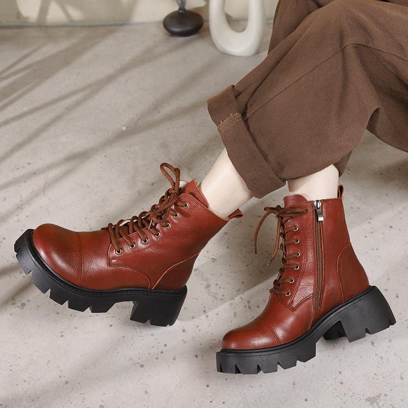 Genuine Leather Boots Lace-Up Combat Boots Retro Chunky Ankle Boots