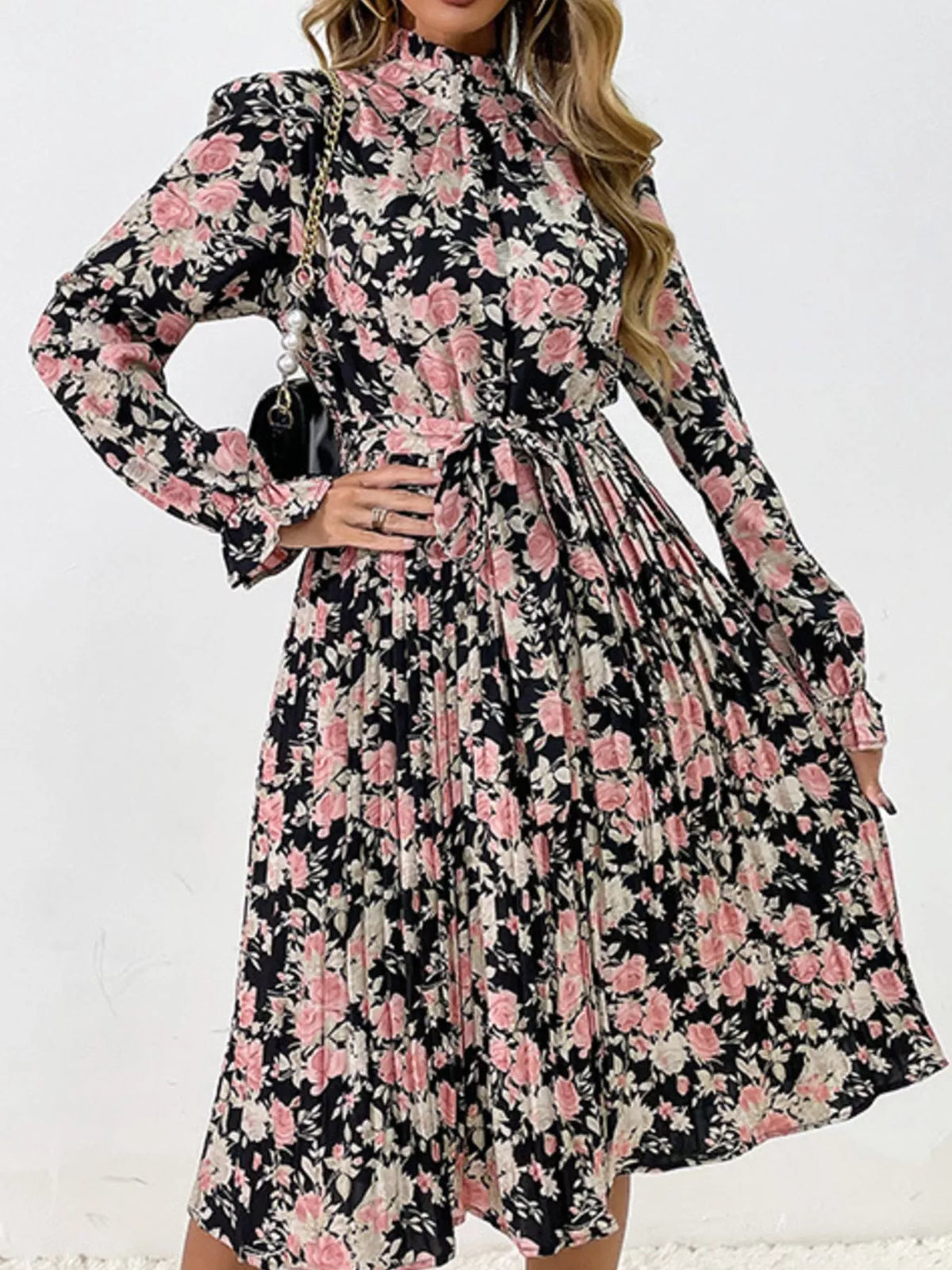 Floral Print Ruffle Mock Neck Long Sleeve Belted Pleated Midi Dress 9
