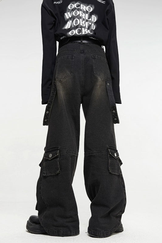 Distressed Multi Pocket Wide Leg Jean