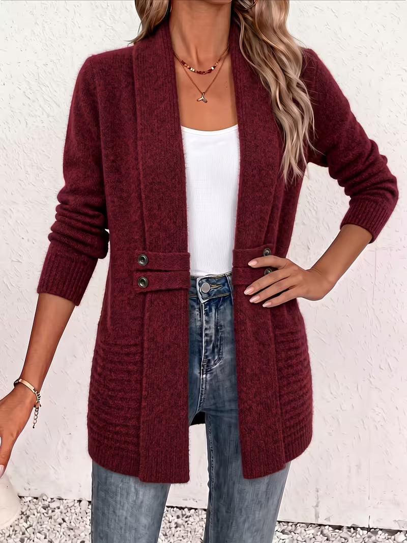 Shawl Collar Open Front Button Tab Ribbed Cardigan
