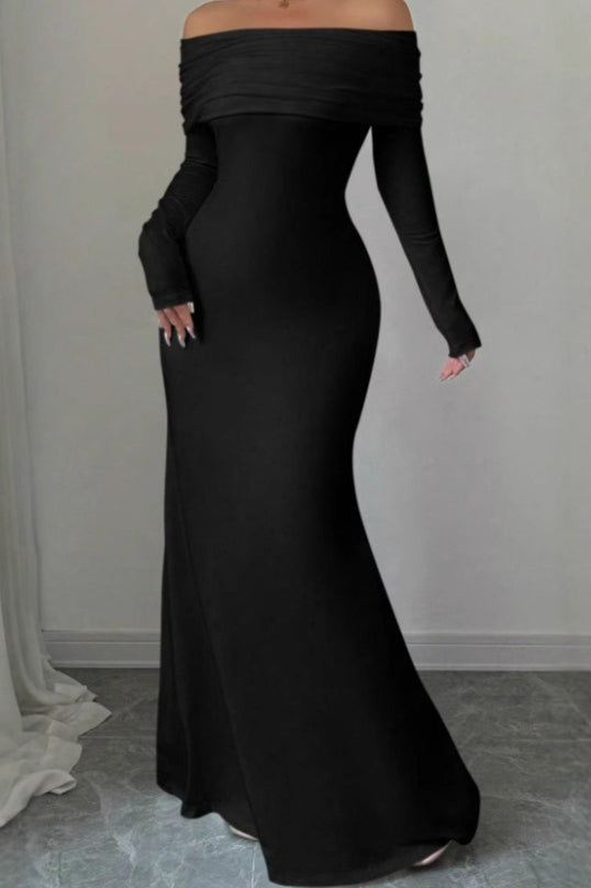 Off Shoulder Long Sleeve Ruched Mermaid Maxi Dress