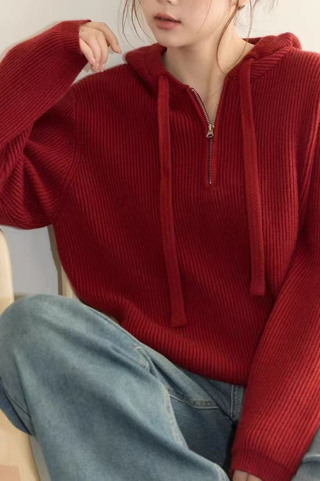 Drawstring Hooded Knit Sweater