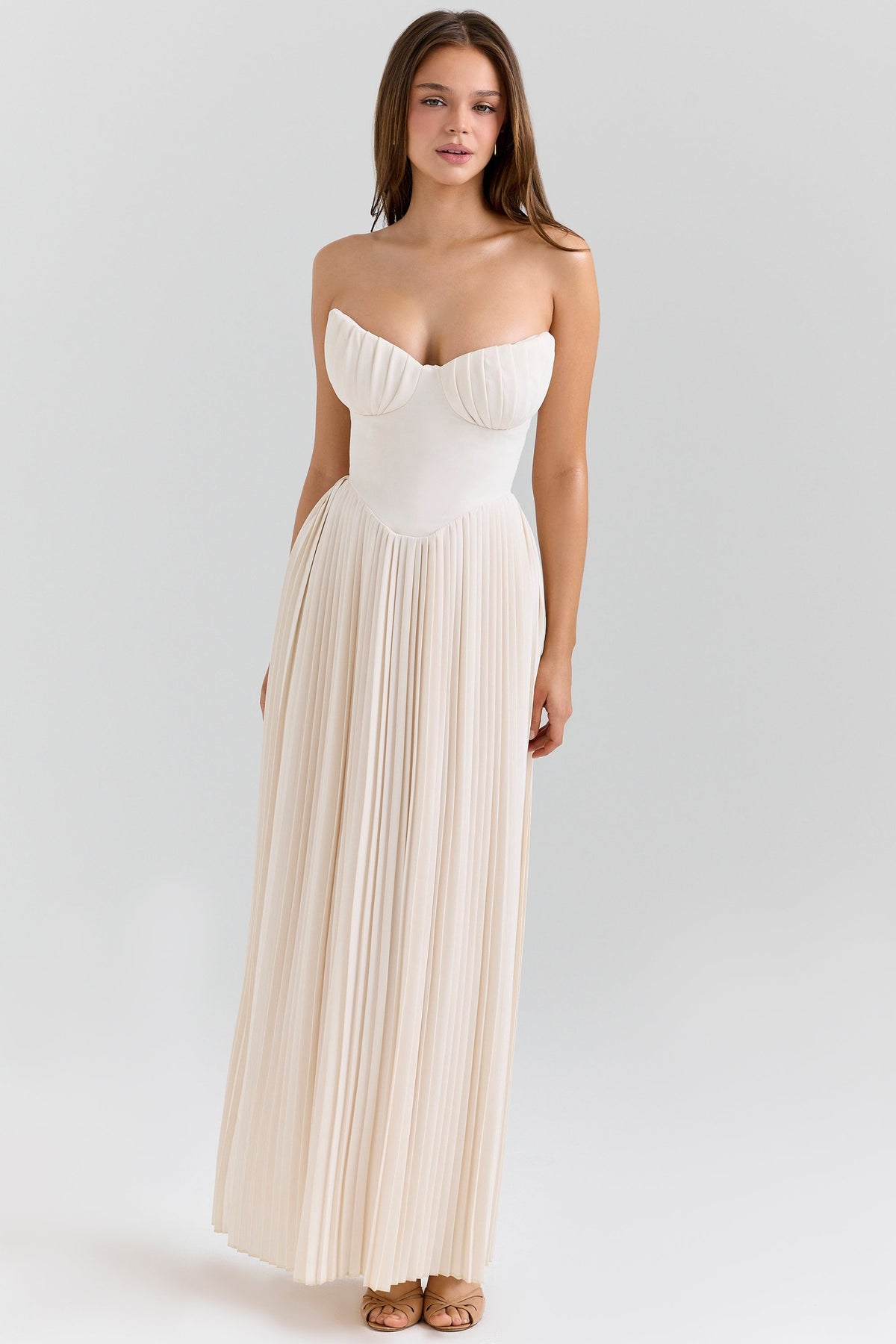Strapless Sweetheart Bustier Pleated A-Line Maxi Dress 3