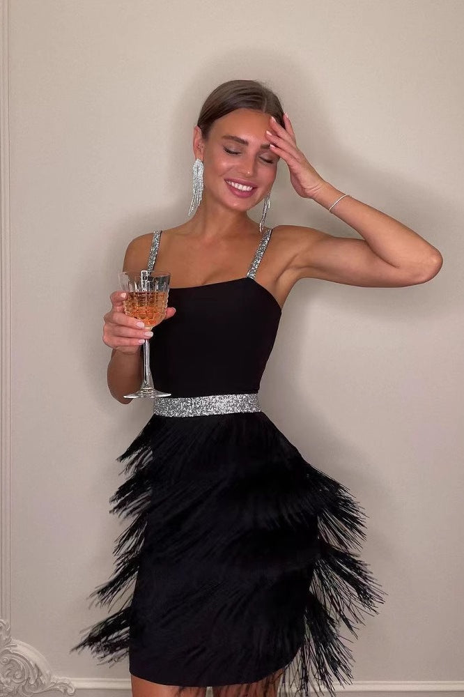 Spaghetti Strap Square Neck Rhinestone Waist Tiered Fringe Mini Cocktail Dress