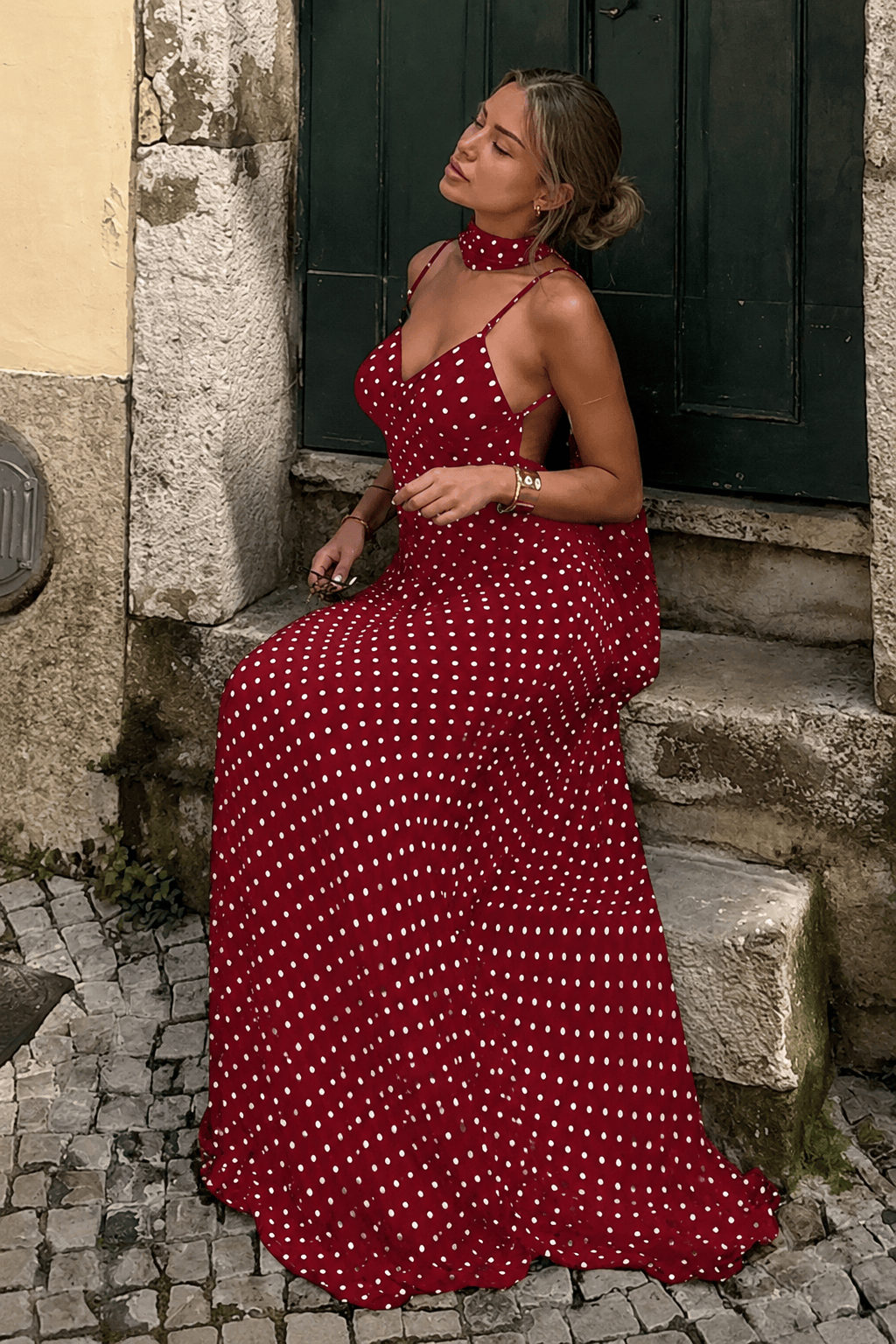 Polka Dot Backless Slim Fit Slip Dress