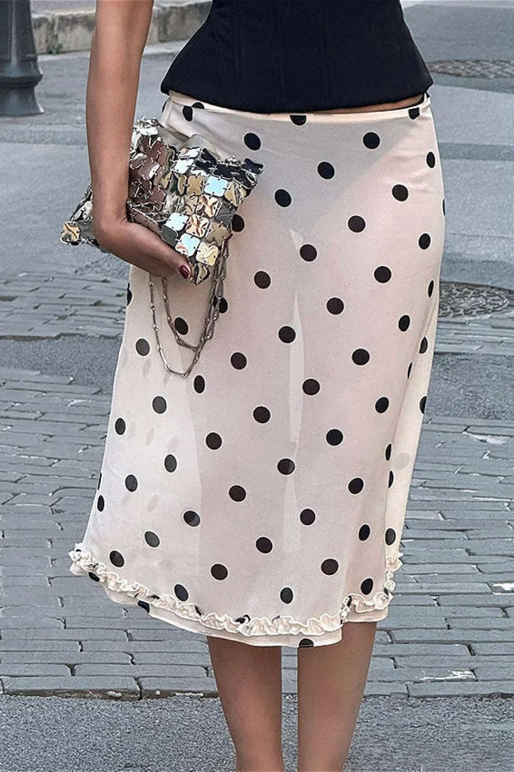 Polka Dot Sheer High Waist Ruffle Hem A-Line Midi Skirt 4