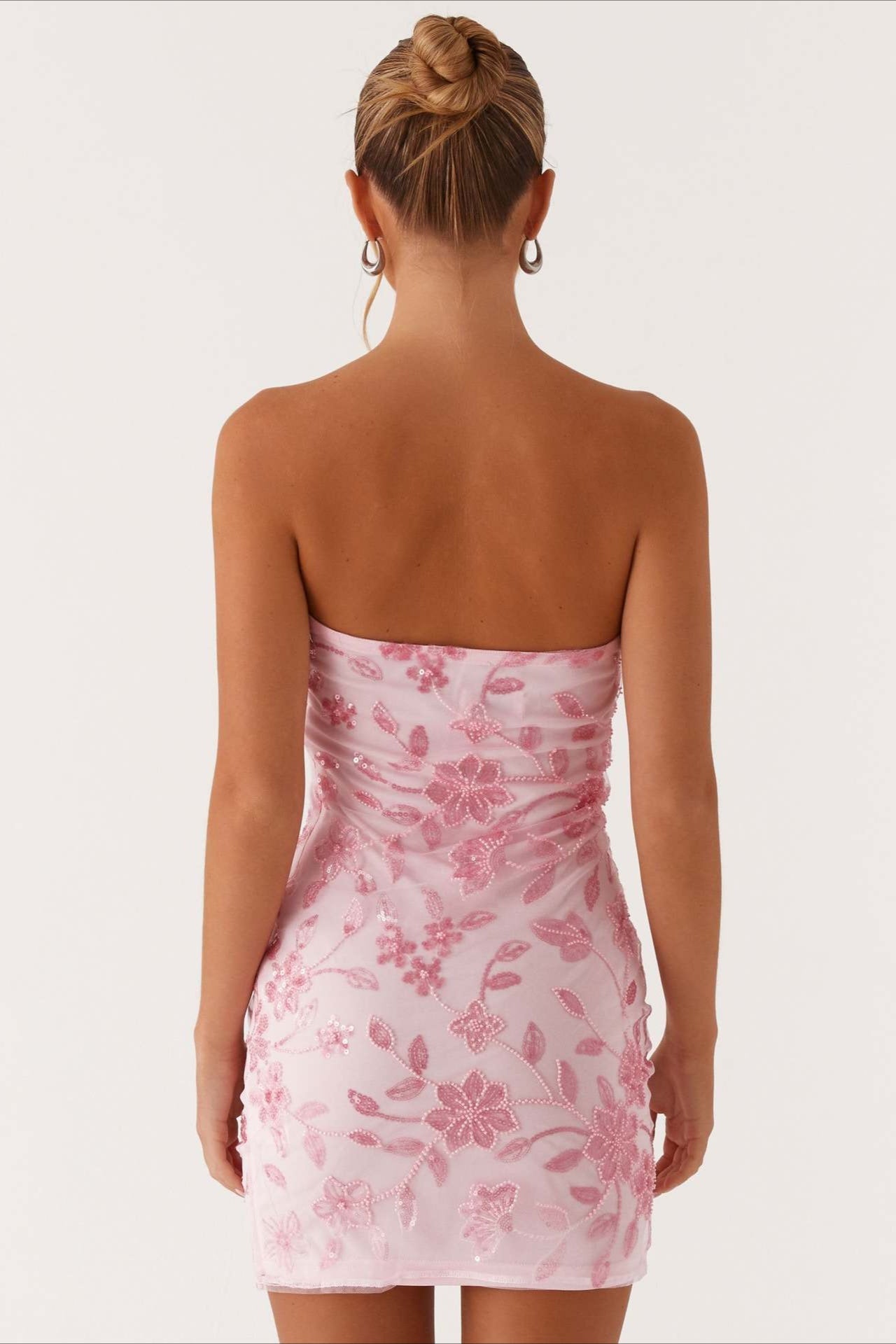 Floral Sequin Strapless Ruched Bodycon Mini Dress