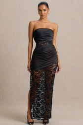 Strapless Sheer Lace High Slit Backless Maxi Lace Dress