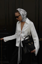 Acetate Satin Bow Tie V Neck Minimalist Long Sleeve Blouse