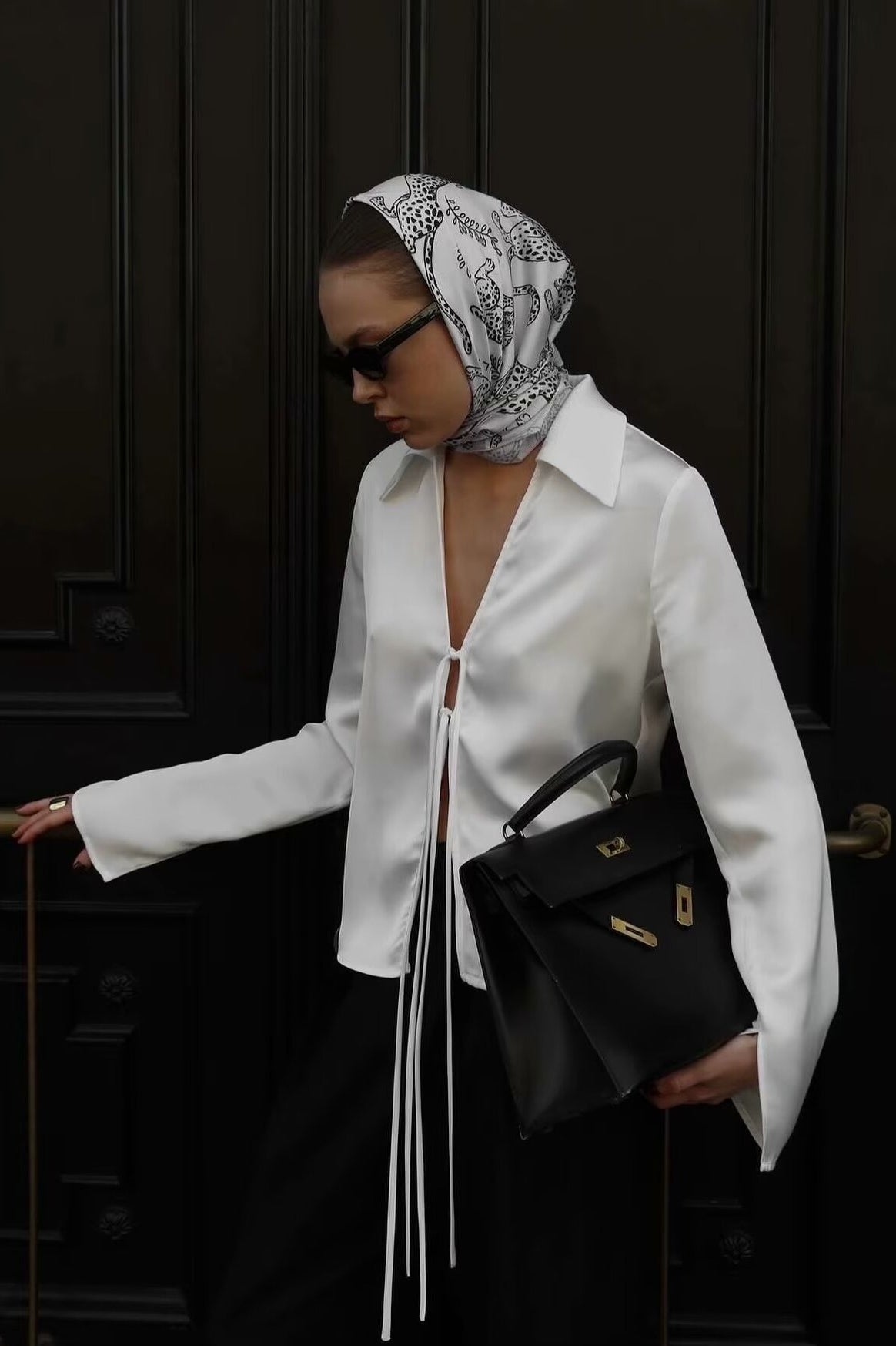 Satin Deep V-Neck Tie Front Collared Flare Sleeve Blouse