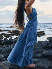 Halter Neck Deep V-Neck Ruffle Tiered Backless Maxi Dress 6