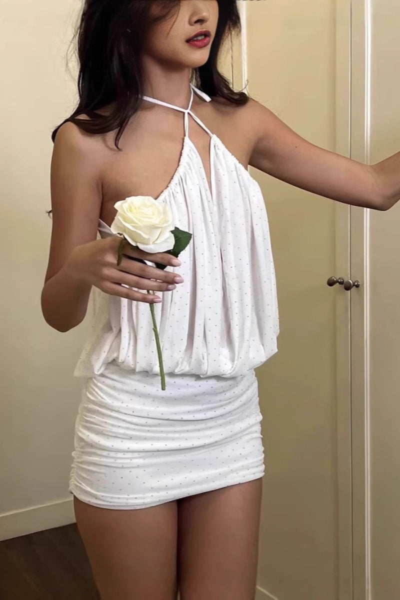 Halter Rhinestone Ruched Mini Dress