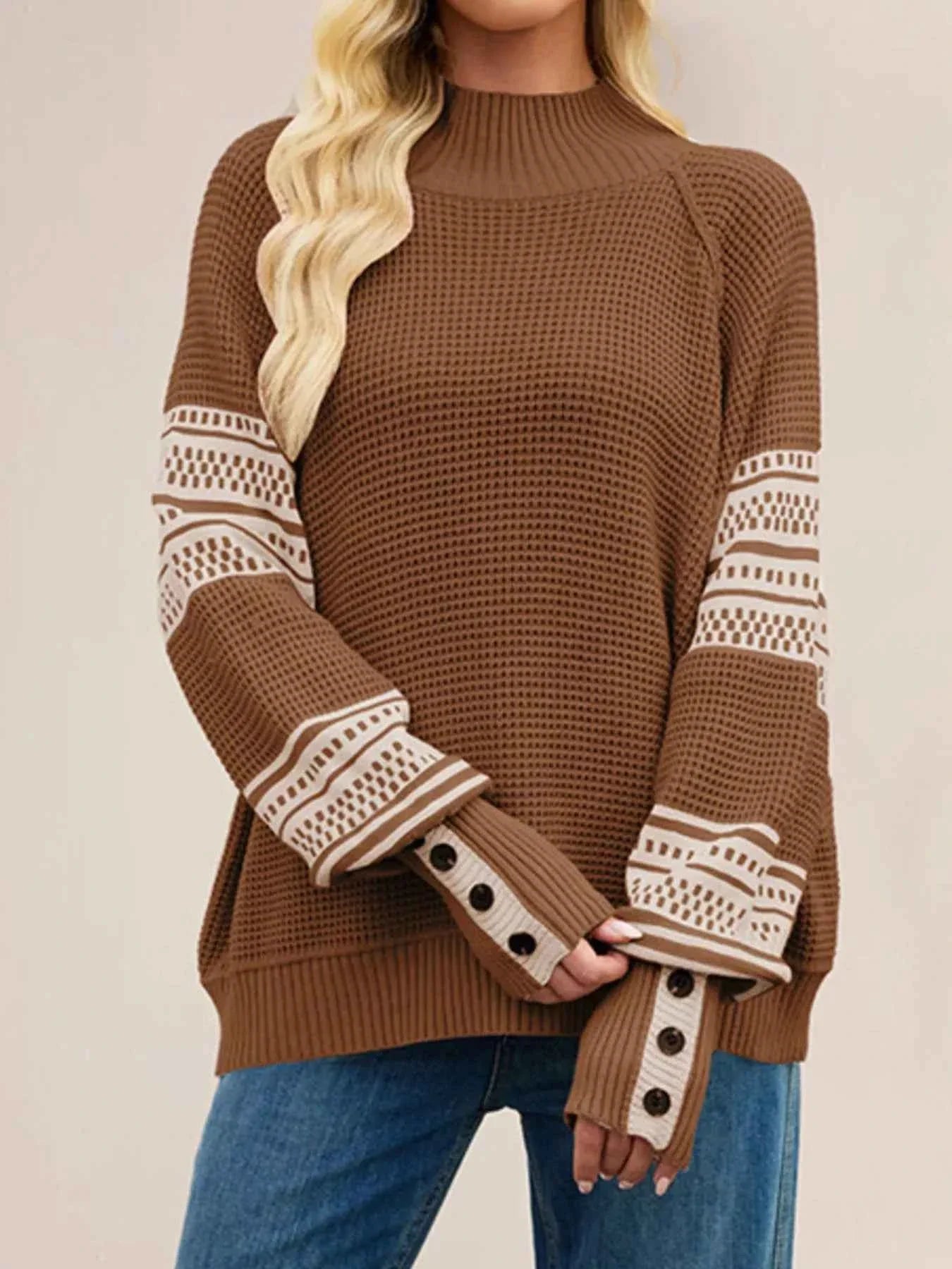 Color-Block Mock Neck Waffle Knit Sweater