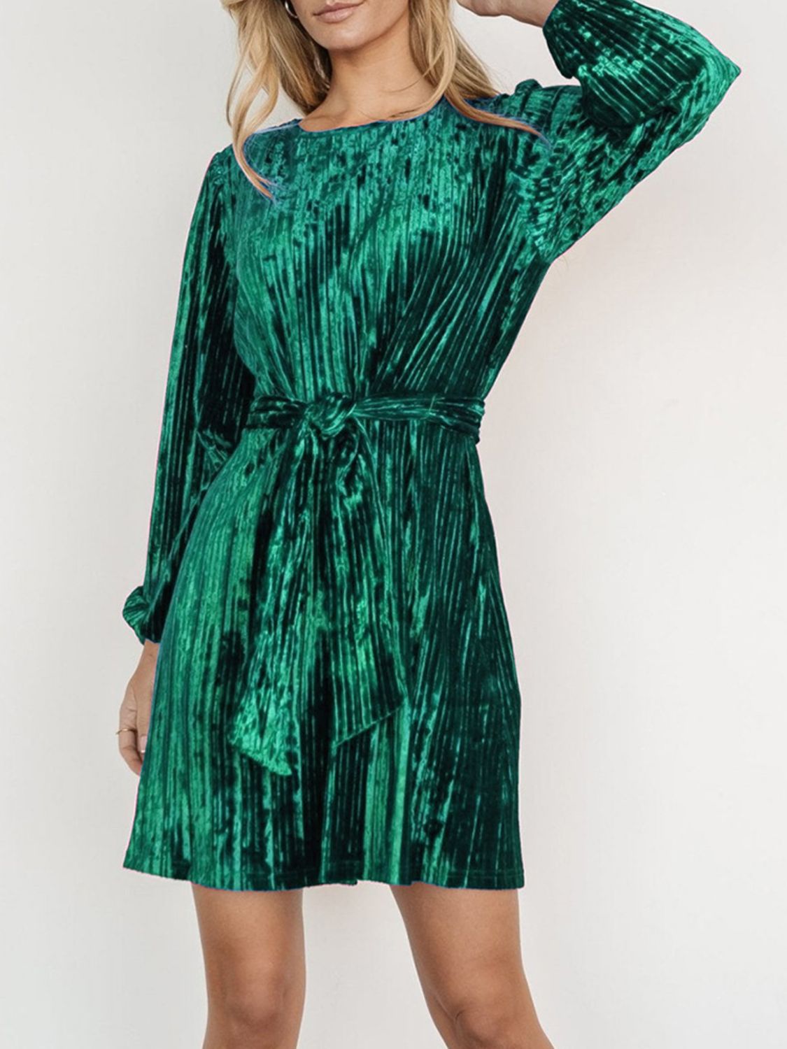 Crushed Velvet Round Neck Long Sleeve Tie Waist Mini Dress 6