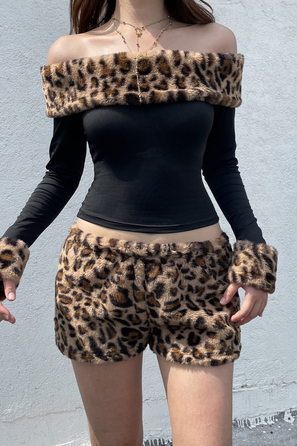 Fuzzy Paneled Leopard Print Off Shoulder Crop Top