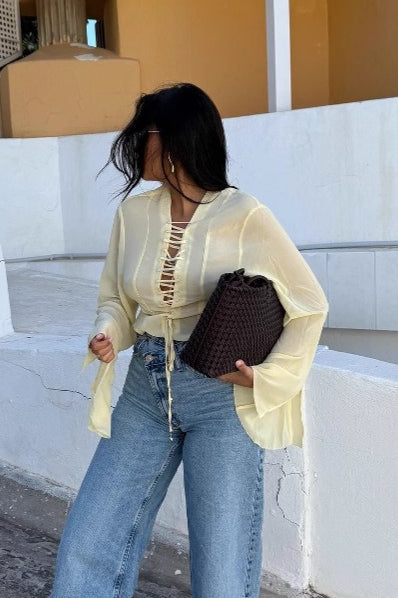 Sheer Lace Up Front Collared Bell Sleeve Blouse 2