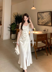 Satin Cowl Neck High Split Ruffle Slip Dress 8