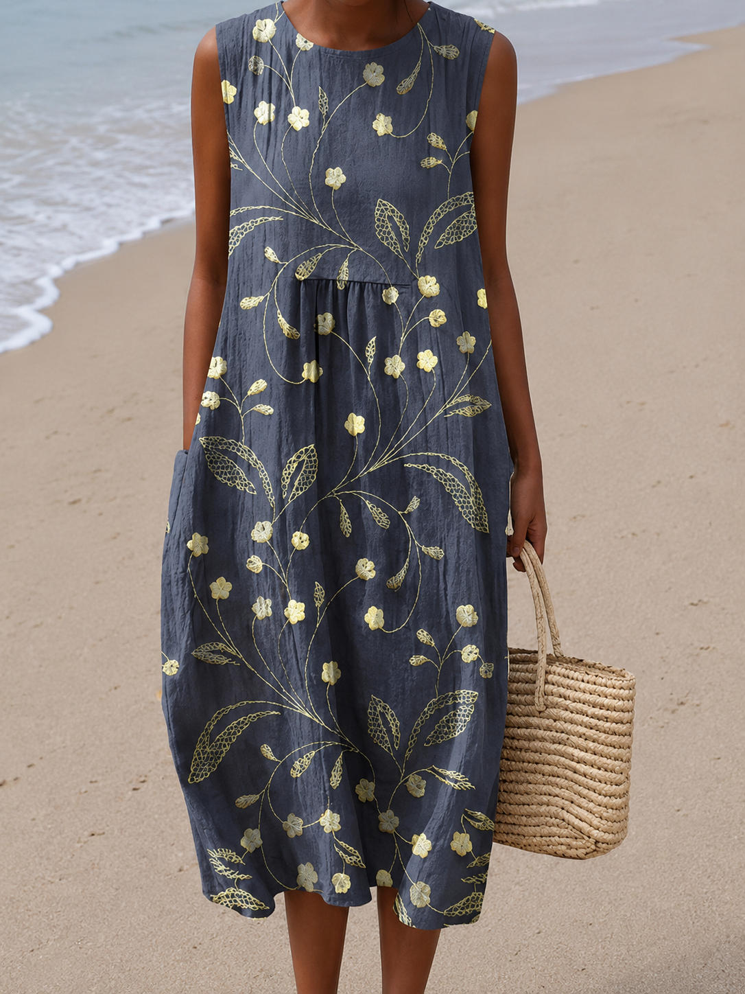 Floral Embroidered Round Neck Sleeveless Midi Dress