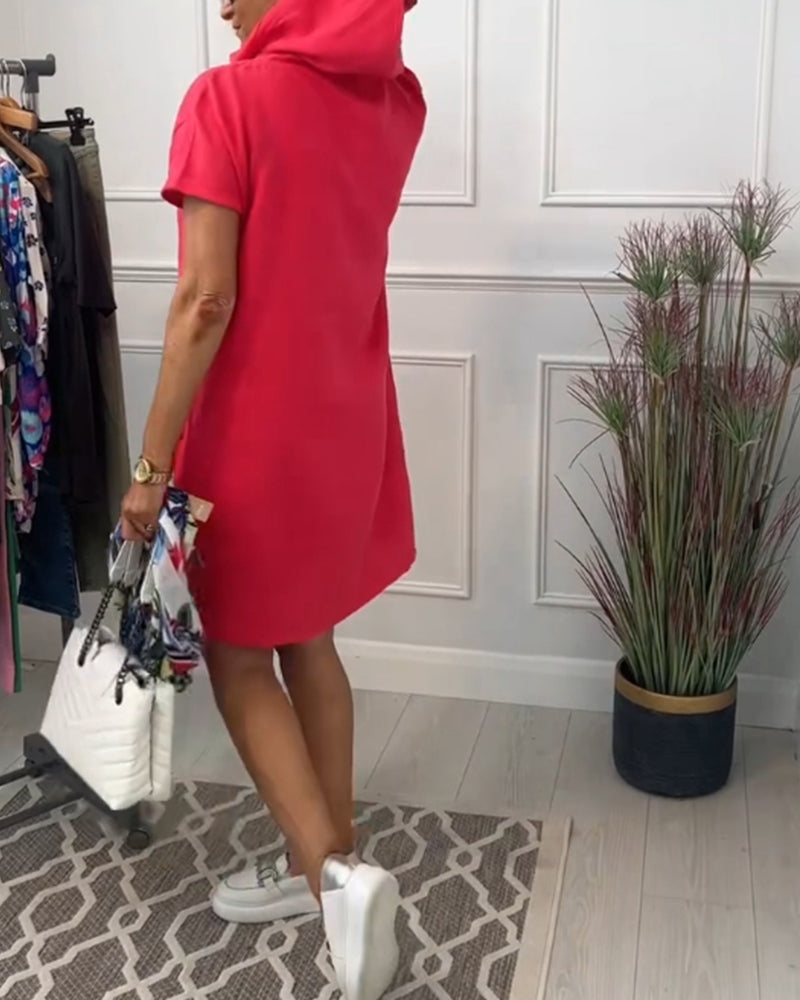 Hooded Drawstring Short Sleeve Knee Length Shift Dress