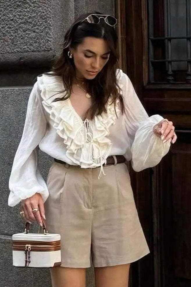 Ruffle Trim Lace Up V-Neck Balloon Sleeve Blouse 3