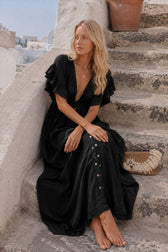 Button Front Drawstring Waist Maxi Boho Dress