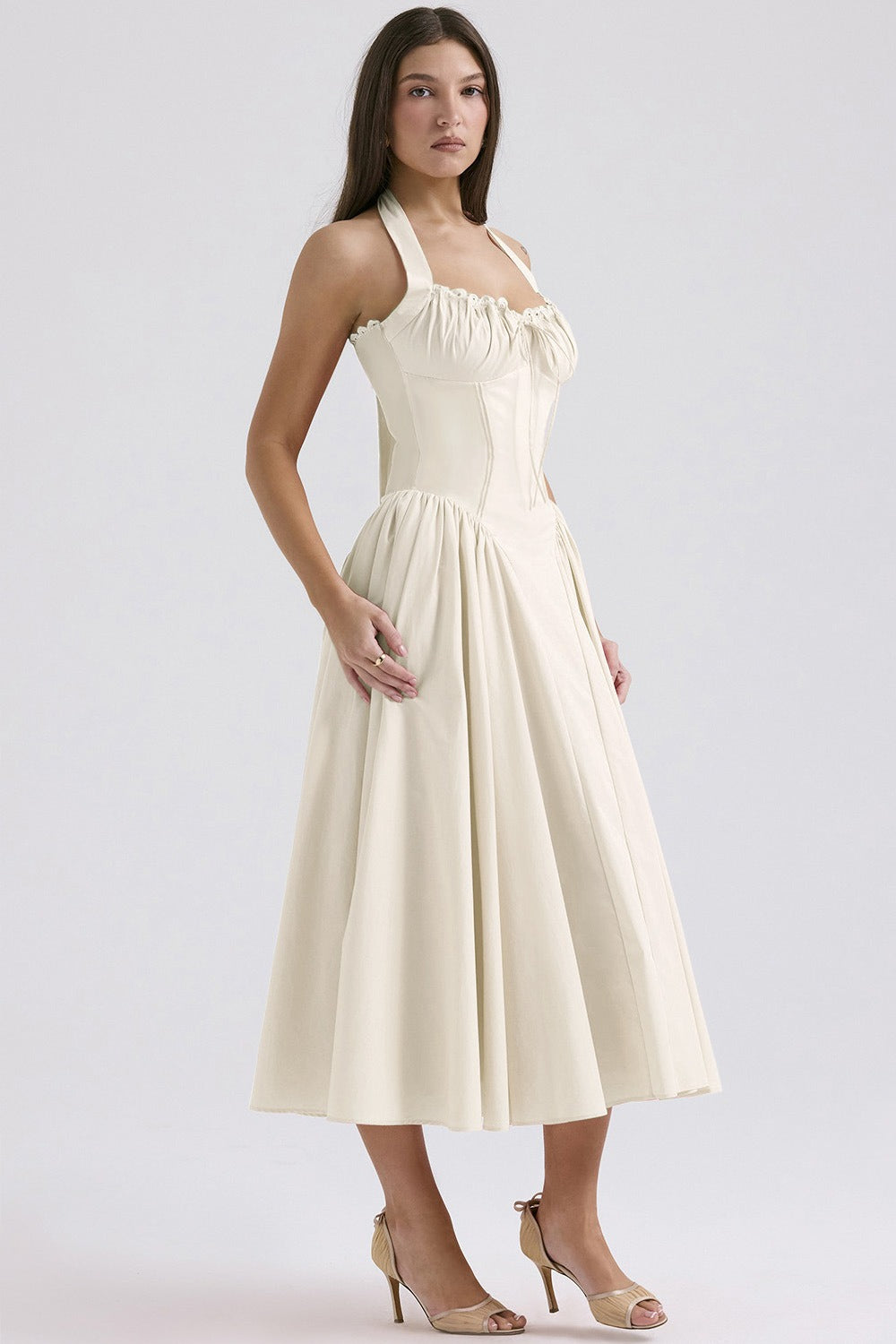Halter Neck Ruched Corset Fit and Flare Midi Dress