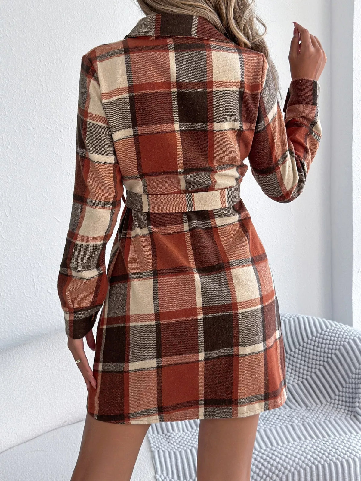 Plaid Button Front Tie Waist Shirt Dress
