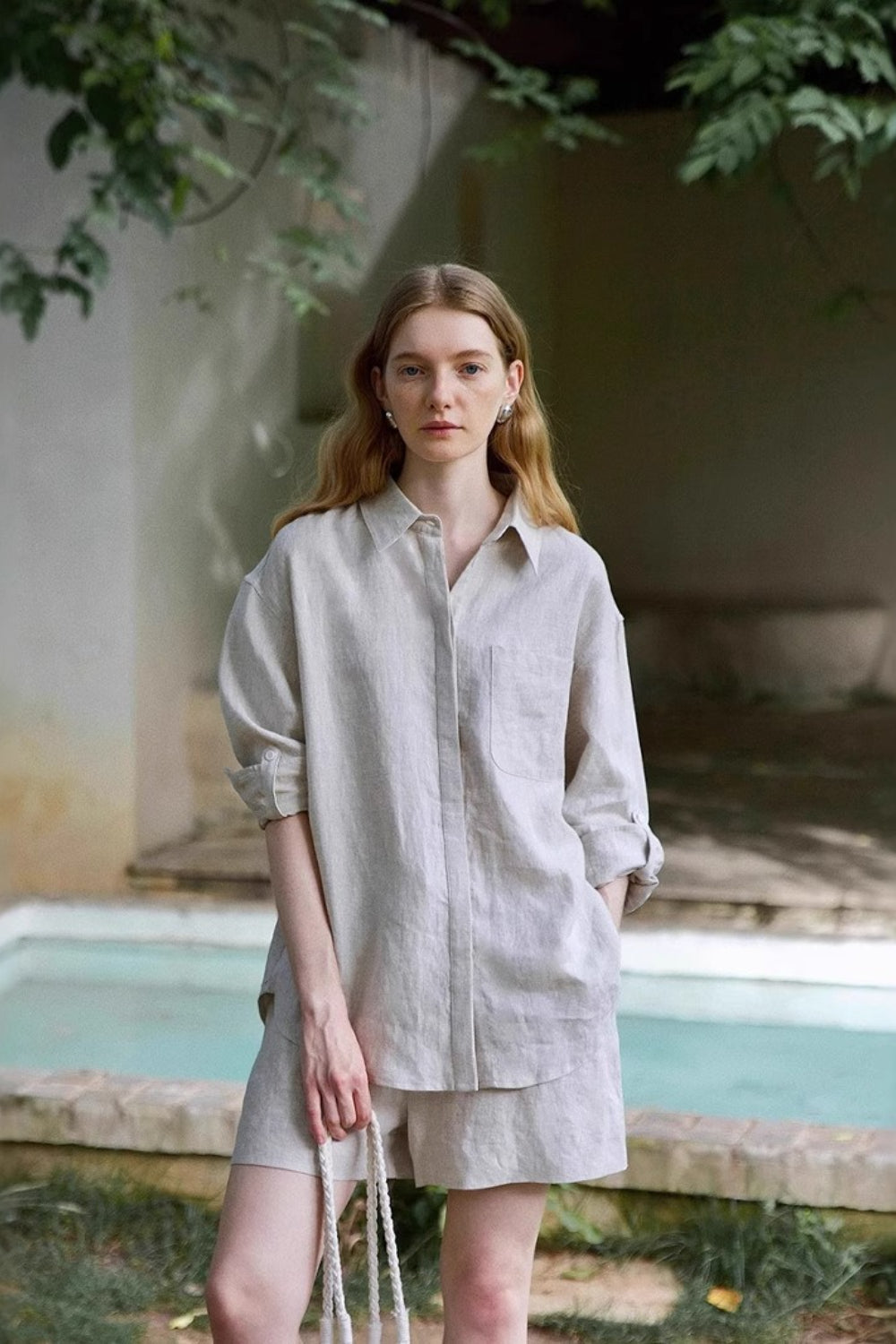 Linen Adjustable Tab Long Sleeve Top