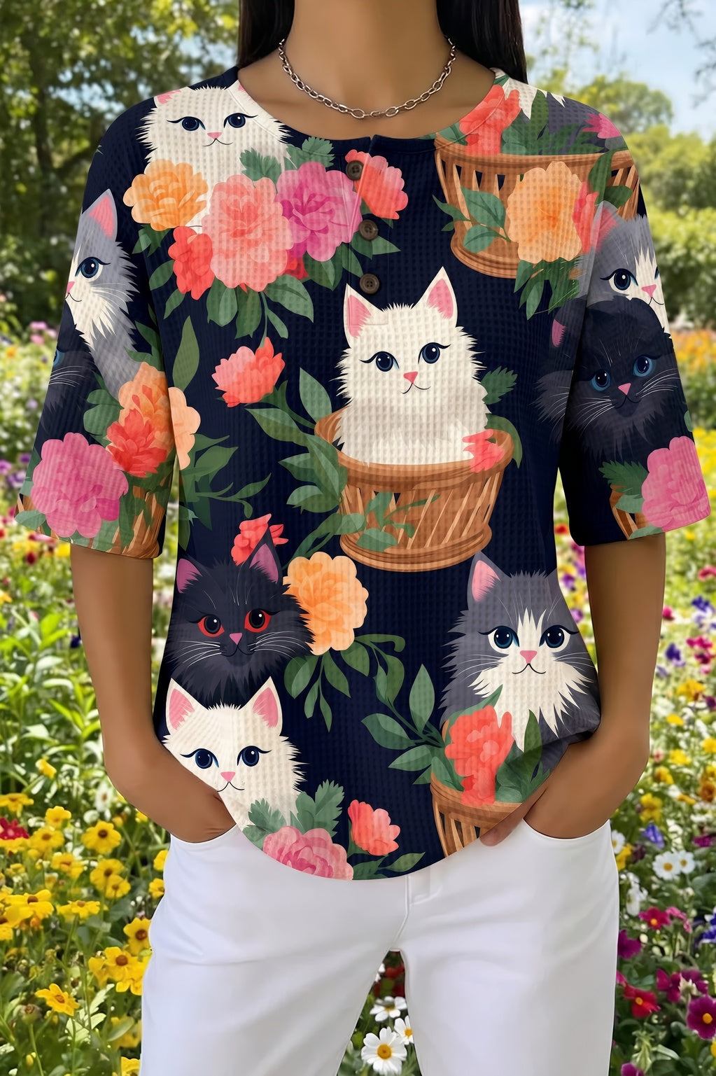 Womens Black Floral Cat in Basket Print Casual Shirt
