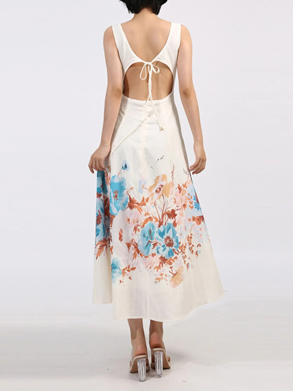 Floral Border Print Square Neck Sleeveless A-Line Midi Dress with Pockets 2