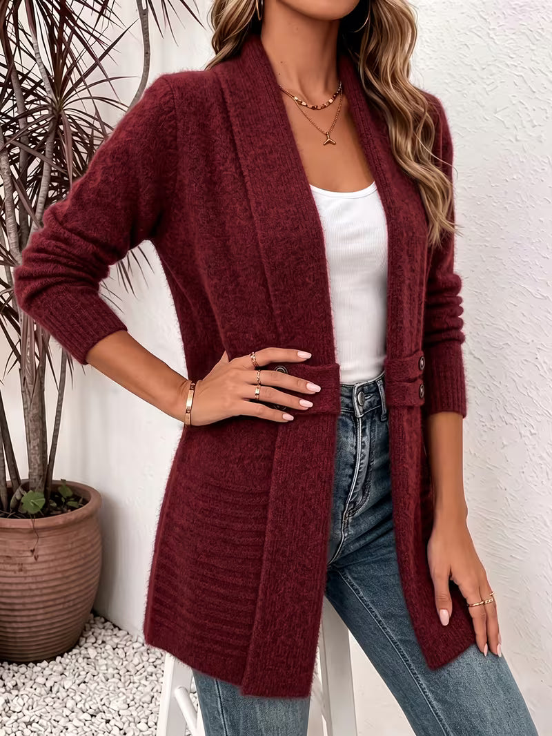 Shawl Collar Open Front Button Tab Ribbed Cardigan