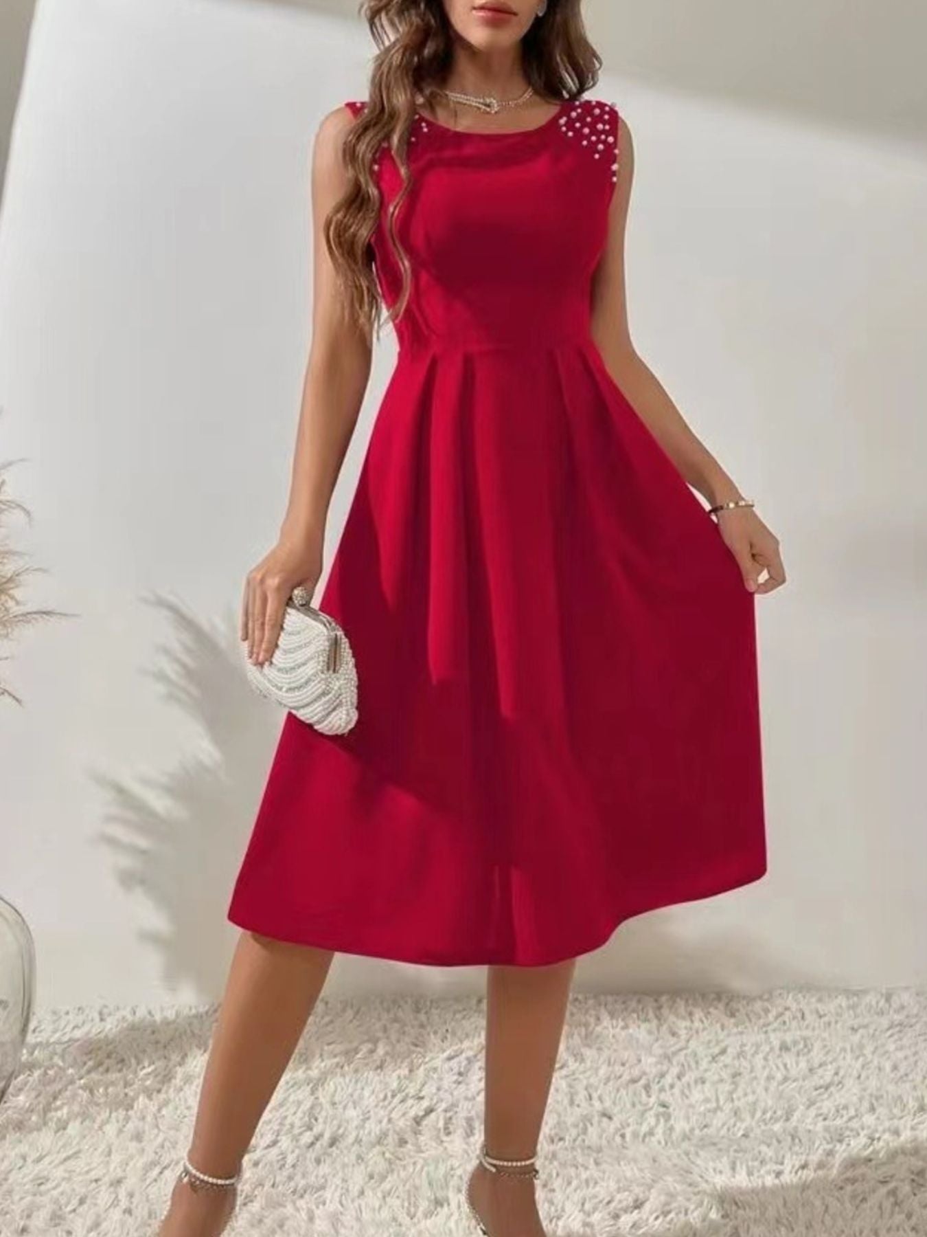 Pearl Detail Sleeveless Midi Dress Red