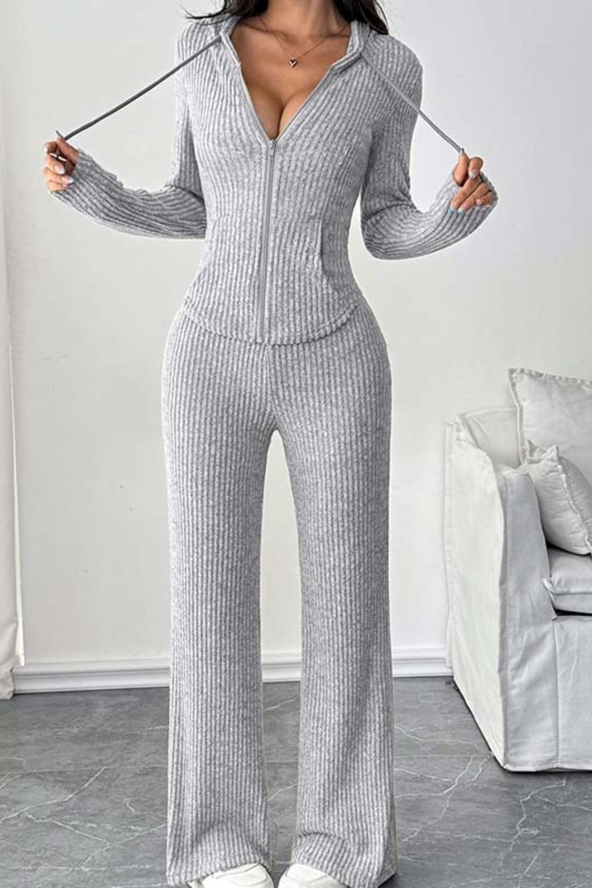 Ribbed Knit Zip Front Long Sleeve Hoodie and Wide Leg Pants Two Piece Set